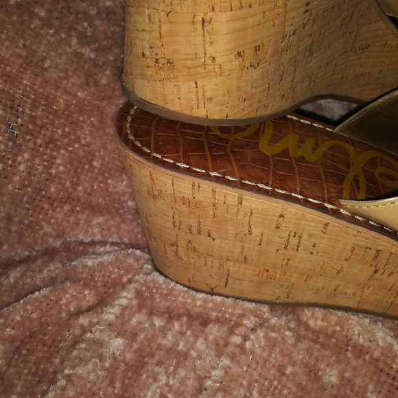 SAM EDELMAN 'Romy 'Nude Tan Patent Cork Wedge Platform Thong Sandals - Picture 3 of 7